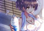 :d bangs bare_shoulders blush bottle breasts brown_eyes brown_hair cleavage collarbone eyebrows_visible_through_hair faucet foreshortening from_above giving holding holding_bottle junnkinn large_breasts looking_at_viewer open_mouth original ponytail short_hair sleeveless smile solo sweat towel towel_around_neck upper_body water_bottle wet wet_clothes white_towel 