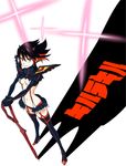  boots breasts full_body hands_on_hilt kill_la_kill matoi_ryuuko medium_breasts multicolored_hair navel revealing_clothes scissor_blade senketsu short_hair simple_background solo suspenders sword thigh_boots thighhighs two-tone_hair underboob weapon white_background yassaba 