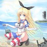  beach blonde_hair blue_eyes breasts day elbow_gloves gloves hairband kantai_collection large_breasts long_hair looking_at_viewer no_panties ocean rensouhou-chan shimakaze_(kantai_collection) smile squatting striped striped_legwear thighhighs vils 