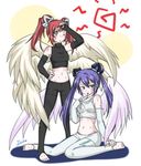 2girls and angel_wings bike_shorts cardfight!!_vanguard crop_top fingerless_gloves gloves gold_eyes green_eyes hair_ornament latex long_hair multiple_girls pantyhose panyhose purple_hair red_hair revenger_dark_bond_trumpeter royal_paladin shadow_paladin shorts skin_tight spandex star_call_trumpeter sweat tights twintails wings yellow_eyes 
