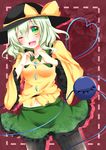  ;d absurdres argyle argyle_legwear black_legwear blush eyeball floral_print green_eyes green_hair hat hat_ribbon heart heart_of_string highres komeiji_koishi long_sleeves miy@ one_eye_closed open_mouth pantyhose ribbon short_hair skirt smile solo third_eye tongue touhou wide_sleeves 