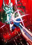  action arms_up blue character_name eyebrows foreshortening junketsu kanji katana kill_la_kill kiryuuin_satsuki lens_flare long_hair nasu_achiko open_mouth red_background soles solo sword thick_eyebrows weapon 