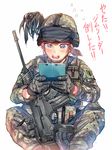  aimpoint arx-160 assault_rifle blue_eyes blush brown_hair camouflage camouflage_helmet daito fatigues feathers gloves gun handheld_game_console hat helmet italy magazine_(weapon) military military_uniform nintendo_ds orange_hair original rifle short_hair sitting solo translated uniform weapon 