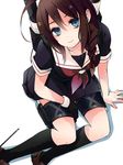  1girl ahoge blue_eyes braid brown_hair gloves hair_ribbon hidaka_ryou kantai_collection looking_at_viewer machinery personification pixiv_thumbnail resized ribbon sailor_dress school_uniform seifuku shigure_(kantai_collection) sitting socks solo 