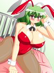  1girl akasode_(tyaramu) animal_ears bed blush bow bowtie breasts bunny_ears bunny_girl bunnysuit chyaramu cleavage collarbone detached_collar gigantic_breasts green_hair highres hips kazami_yuuka knees latex legs midriff navel necktie pantyhose red_eyes shiny shiny_skin short_hair solo touhou wide_hips 