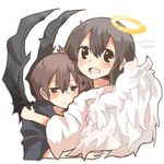  akagi_(kantai_collection) alternate_costume angel_and_devil bad_id bad_twitter_id black_eyes blush brown_hair kaga_(kantai_collection) kantai_collection long_hair lowres multiple_girls open_mouth rebecca_(keinelove) short_hair side_ponytail smile wings 