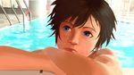  1boy bare_shoulders blue_eyes blush brown_hair child male male_focus new_race pool short_hair solo wet 