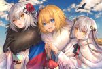  .com_(cu_105) 3girls :d :o ahoge bangs black_ribbon blonde_hair blue_eyes blue_sky blurry blurry_background capelet chestnut_mouth cloud cloudy_sky commentary_request day depth_of_field eyebrows_visible_through_hair fate/grand_order fate_(series) floral_print flower fur-trimmed_capelet fur_collar fur_trim green_ribbon hair_between_eyes hair_flower hair_ornament hair_ribbon hands_up head_tilt holding japanese_clothes jeanne_d&#039;arc_(alter)_(fate) jeanne_d&#039;arc_(fate) jeanne_d&#039;arc_(fate)_(all) jeanne_d&#039;arc_alter_santa_lily kimono long_hair looking_at_viewer multiple_girls open_mouth outdoors parted_lips red_flower ribbon short_hair side-by-side sidelocks silver_hair sky smile star star_hair_ornament white_capelet yellow_eyes 