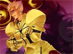  armor blonde_hair earrings fate/zero fate_(series) gate_of_babylon gilgamesh hair_slicked_back jewelry kiby447 male_focus red_eyes solo 