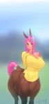  animal_ears bare_shoulders blue_eyes breasts butterfly_hair_ornament centaur choker cleavage doxy fluttershy hair_ornament highres horse_ears huge_breasts long_hair monster_girl my_little_pony my_little_pony_friendship_is_magic pink_hair solo sweater tail 