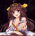  ahoge blue_eyes braid breasts brown_hair cake cleavage dedeyong detached_sleeves feeding food fruit hairband highres japanese_clothes kantai_collection kongou_(kantai_collection) large_breasts long_hair looking_at_viewer open_mouth pov_feeding solo strawberry wide_sleeves 