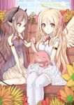  angel_and_devil angel_wings armband blonde_hair blue_eyes bow brown_hair demon_tail dress flower hair_bow hair_ornament horns long_hair multiple_girls original pointy_ears red_eyes sitting skull_hair_ornament stuffed_toy tail thighhighs tsunotsuki_(uguisu_maccha) very_long_hair wings zettai_ryouiki 