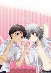  blue_eyes blush brown_hair grey_hair holding_hands ikari_shinji male_focus multiple_boys nagisa_kaworu navel neon_genesis_evangelion open_clothes open_shirt red_eyes shirt smile usagigenki yaoi 