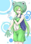  animal_costume backpack bad_id bad_pixiv_id bag blush closed_eyes frog_costume gloves green_hair highres long_hair midriff musical_note navel open_mouth personification phantasy_star phantasy_star_online_2 seark shorts solo very_long_hair 