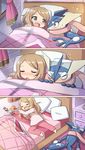  3koma bed blonde_hair blush closed_eyes comic fletchling gen_6_pokemon greninja inaho long_hair messy_sleeper open_mouth pajamas pillow pokemon pokemon_(creature) pokemon_(game) pokemon_xy serena_(pokemon) silent_comic sleeping sweatdrop under_covers 