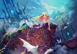  anklet ask_(askzy) bare_legs barefoot blonde_hair blue_eyes breasts choker cloud dragon dress feet highres jewelry long_hair original parted_lips sitting sky small_breasts smile solo tower very_long_hair white_dress 