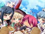  5girls antenna_hair black_hair blonde_hair blush chopsticks chouun food game_cg kan&#039;u kan'u katagiri_hinata koihime_musou kouchuu long_hair multiple_girls pink_hair ponytail ryofu shokatsuryou short_hair tattoo 