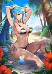  1girl armlet arms_up bad_leg bangs beach beach_umbrella bikini black_bikini blue_bow blue_eyes blue_hair blue_hawaii blue_sky blunt_bangs bow breasts brk drinking_straw flower food fruit glass hairband_removed hibiscus hurricane_glass large_breasts lemon lemon_slice lotion mouth_hold navel ocean original palm_tree ponytail shadow side-tie_bikini sitting sky solo striped striped_bikini sunscreen swimsuit tree tropical_drink umbrella 