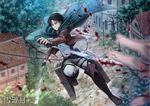  angel31424 ascot bad_id bad_pixiv_id black_eyes black_hair blood blurry boots cape depth_of_field dual_wielding emblem highres holding house jacket levi_(shingeki_no_kyojin) male_focus paradis_military_uniform reverse_grip shingeki_no_kyojin solo sword thigh_strap three-dimensional_maneuver_gear weapon 