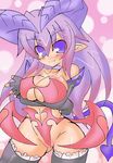  1girl bare_shoulders black_gloves black_legwear black_thighhighs bra breast_hold breasts demon_girl demon_tail elbow_gloves female fingerless_gloves gloves horns large_breasts legwear long_hair natsumaru natsumaru_(berudesan) original pointy_ears purple_eyes purple_hair solo succubus tail thighhighs underwear verude_(natsumaru) 