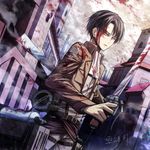  angel31424 ascot black_hair blood blood_on_face emblem jacket levi_(shingeki_no_kyojin) male_focus paradis_military_uniform shingeki_no_kyojin solo survey_corps_(emblem) sword three-dimensional_maneuver_gear weapon 