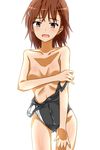  bare_shoulders breasts brown_eyes brown_hair censored collarbone convenient_censoring covered_navel etsuji hair_ornament misaka_mikoto one-piece_swimsuit open_mouth short_hair simple_background small_breasts solo standing swimsuit swimsuit_pull to_aru_majutsu_no_index white_background 