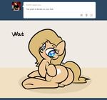  big_butt blue_eyes blush butt cutie_mark dialog equine eyelashes female feral fur horse looking_back looking_down lying mammal my_little_pony on_side original_character pony slavedemorto solo tan_fur tan_hair text tumblr 