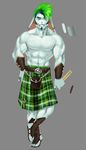  abs biceps ear_piercing facial_hair facial_piercing goatee green_eyes green_hair hair kilt lagomorph lip_piercing looking_at_viewer male mikalapine mohawk muscles pecs piercing plain_background pose rabbit ring rory_(mikalapine) sandals sideburns solo white_fur 