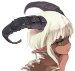  bangs blunt_bangs blush dark_skin horns monorino original pointy_ears simple_background solo upper_body white_background white_hair yellow_eyes yellow_sclera 