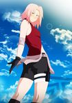  1girl arm_behind_back arm_warmers ass back bandage bike_shorts black_gloves blue_sky blush breasts cloud cloudy_sky cowboy_shot gloves green_eyes haruno_sakura highres kneepits looking_at_viewer looking_back naruto pink_hair pink_skirt red_shirt shirt short_hair shorts side_slit skirt sky sleeveless sleeveless_shirt smile solo stiky_finkaz sun thigh_strap 