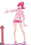  1girl :d aida_mana akinbo_(hyouka_fuyou) bow dokidoki!_precure full_body hair_ornament high_ponytail highres index_finger_raised leaning_to_the_side long_sleeves looking_at_viewer open_mouth outstretched_arm pink_bow pink_eyes pink_hair pink_shirt pink_shorts precure shiny shiny_hair shirt shoes short_hair short_ponytail short_shorts shorts simple_background smile sneakers solo standing striped white_background 