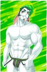  abs biceps bulge ear_piercing facial_hair goatee green_eyes green_hair hair jockstrap lagomorph male mikalapine muscles pecs piercing pose rabbit rory_(mikalapine) solo underwear white_fur 