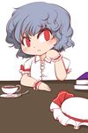  blue_hair cup doku_corne hat hat_removed headwear_removed highres red_eyes remilia_scarlet short_hair solo teacup touhou wrist_cuffs 