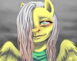  creepy equine female feral fluttershy_(mlp) friendship_is_magic fur green_eyes grey_hair hair hair_over_eye hair_over_eyes horse long_hair looking_at_viewer mammal my_little_pony old pegasus plain_background pony sad scarf scark smile solo tears wings xxkatrynaxx yellow_fur 