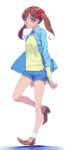  1girl akinbo_(hyouka_fuyou) blue_jacket blue_ribbon blue_shorts brown_eyes brown_footwear brown_hair hair_ornament hair_scrunchie highres jacket leg_up long_hair long_sleeves looking_at_viewer open_clothes open_jacket precure precure_all_stars_new_stage:_mirai_no_tomodachi red_scrunchie ribbon sakagami_ayumi scrunchie shirt short_shorts shorts simple_background smile socks solo twintails white_background white_legwear yellow_shirt 