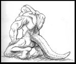  alligator anthro back back_turned balls biceps black_and_white butt claws horn kneeling louiefurrywolfy male monochrome muscles nude pose reptile scales scalie sketch solo toe_claws 