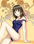  arm_support bakemonogatari brown_eyes brown_hair legs long_legs monogatari_(series) off_shoulder one-piece_swimsuit parted_lips pei_(uenosin10) school_swimsuit sengoku_nadeko short_hair strap_slip swimsuit 