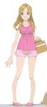  1girl akinbo_(hyouka_fuyou) bangs basket brown_hair collarbone full_body green_eyes hair_bobbles hair_ornament highres holding holding_basket long_hair minamino_kanade parted_bangs pink_footwear pink_shirt pink_shorts precure shiny shiny_hair shirt short_shorts short_sleeves shorts simple_background smile solo standing suite_precure white_background 