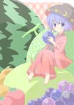  :t apple barefoot bite_mark blue_eyes blush bowl cantaloupe crescent eating food fruit grapes highres japanese_clothes kimono knees_up lavender_hair leaf looking_at_viewer minigirl obi orange petticoat plaid plaid_background sash shino_megumi short_hair solo strawberry sukuna_shinmyoumaru touhou watermelon 