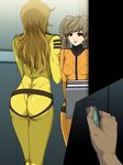  2girls ass back belt black_eyes blush bodysuit breasts brown_eyes brown_hair cellphone character_request device gureko_rouman highres legs long_hair misaki_yuria mori_yuki multiple_girls open_mouth phone small_breasts standing thighs twintails uchuu_senkan_yamato uchuu_senkan_yamato_2199 uniform 