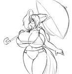 anthro big_breasts bikini breasts cleavage clothed clothing female hair huge_breasts long_hair monochrome parasol skimpy smile solo speeds swimsuit umbrella 