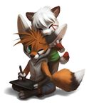  anthro black_nose blue_eyes canine clothing cute duo ear_nibble eyes_closed fluffy_tail fox green_eyes hair male mammal one_eye_closed open_mouth plain_background sitting tablet thanshuhai white_background white_hair 