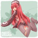  :d character_name chelsea_(monorino) feet hasu_(hk_works) long_hair looking_at_viewer looking_back lying on_stomach open_mouth original red_eyes red_hair smile soles solo very_long_hair 