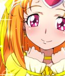  choker close-up cure_muse_(yellow) earrings hair_ribbon heart heart_earrings ikari_manatsu jewelry long_hair magical_girl orange_hair precure red_eyes ribbon shirabe_ako smile solo sparkle suite_precure yellow_choker 