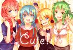  arm_up bad_id bad_pixiv_id blonde_hair blue_eyes blue_hair blush braid breasts cleavage front-tie_top green_eyes green_hair gumi hatsune_miku kagamine_rin long_hair medium_breasts megurine_luka midriff minaco multiple_girls one_eye_closed open_mouth ponytail red_hair shirt smile striped tied_shirt v vocaloid 