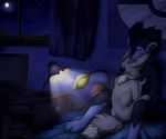  anthro bed black_nose blackfury blue_fur breast_suck breasts canine eevee eyes_closed female full_moon fur grey_fur licking luxray male mammal moon night nintendo nipples nude outside pok&#233;mon pok&eacute;mon red_nose sex sky straight sucking_nipples tongue tree video_games white_fur window 