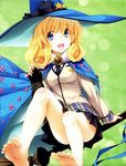  barefoot blonde_hair blue_eyes blue_hat broom cape convenient_leg feet hat high_school_dxd highres le_fay_pendragon miyama-zero non-web_source official_art plaid riding shoes sidesaddle skirt smile soles solo star toes witch_hat 