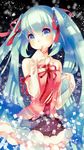  aqua_hair blue_eyes detached_sleeves hair_ribbon hatsune_miku long_hair minaco necktie ribbon skirt sleeves_past_wrists solo twintails very_long_hair vocaloid 