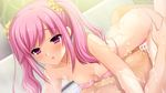  1girl ass breasts cum cum_in_pussy game_cg girl_on_top hetero koizumi_amane lotion miyamae_iroha nipples pink_hair sei_shoujo_~seido_ikusei_gakuen~ sex small_breasts swimsuit vaginal 