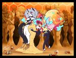 alcohol ambiguous_gender ambiguous_species anthro arthropod back_wings bee beer beverage black_body black_border black_fur blue_body blue_fur blush border bound canid canid_demon canine canis crossed_arms demon drunk encasement female female/female fur grey_body grey_fur group hellaverse hellhound helluva_boss hi_res honeycomb honeycomb_background hymenopteran inanimate_transformation insect lagomorph leporid licking loona_(helluva_boss) male mammal multi_arm multi_limb mythological_canine mythological_creature mythology open_mouth peril petrification queen_bee-lzebub_(helluva_boss) rabbit red_body red_fur spiderweber sticky stuck substance_intoxication tongue transformation wax white_body white_fur wings wolf yellow_body yellow_fur